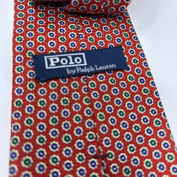 Polo Ralph Lauren Red Blue Green Patterned Made in USA 56"x4" Silk Tie - Picture 3 of 6